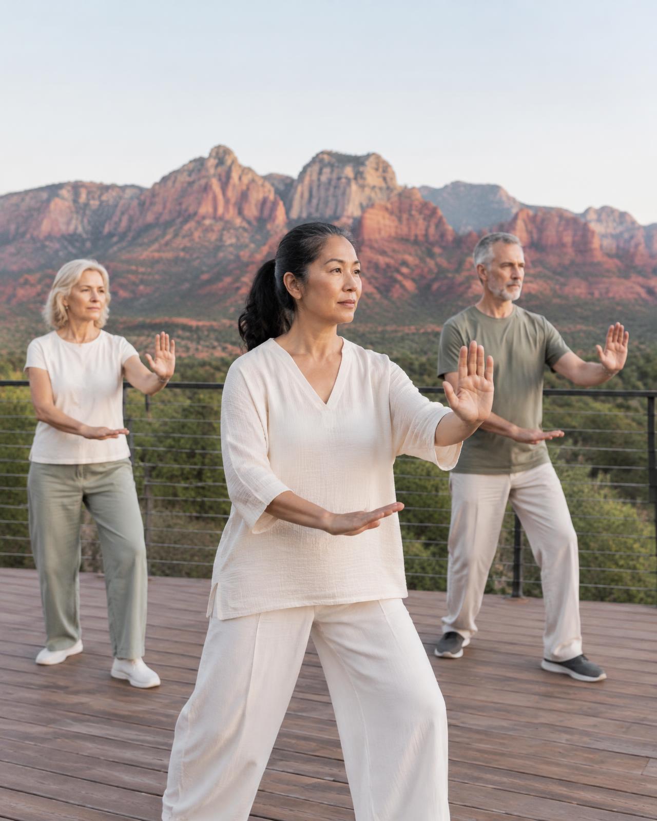 Small group practising gentle tai chi on a deck above the desert